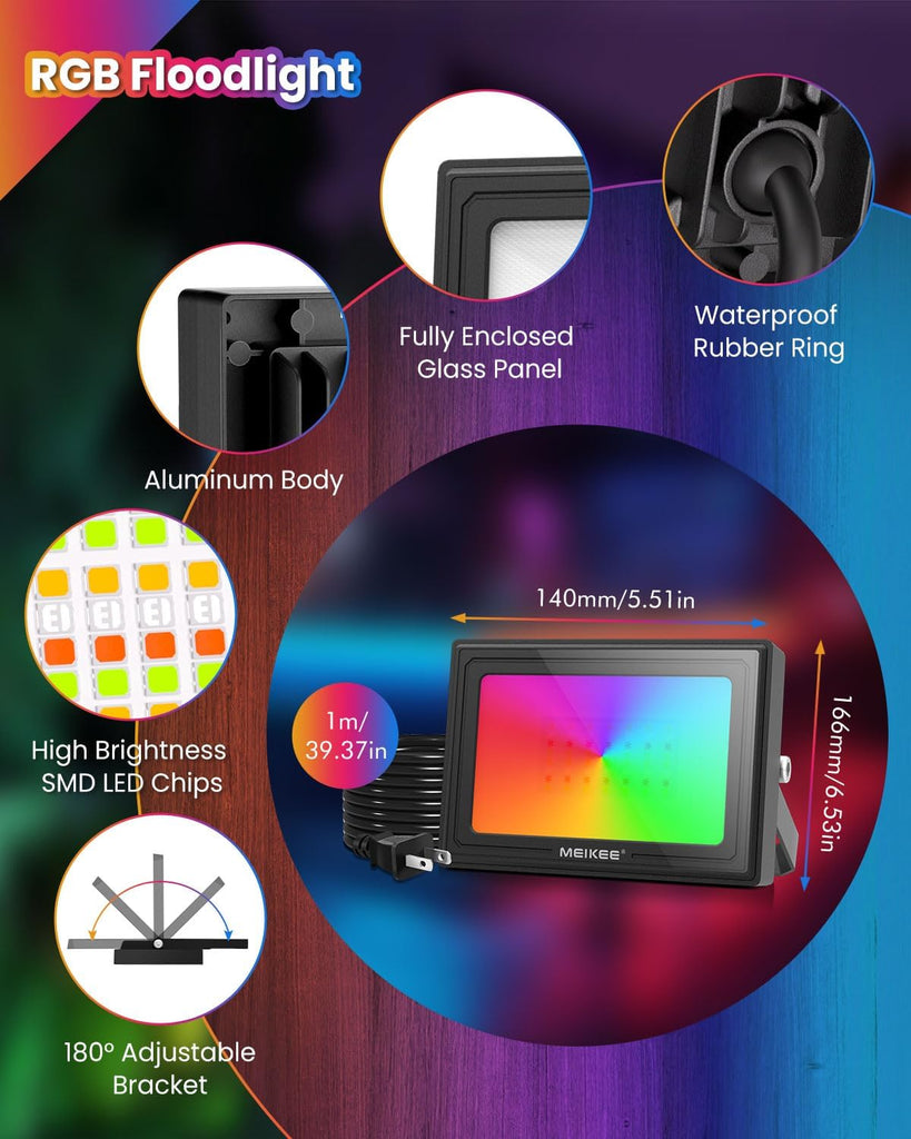 25W RGB LED Flood Lights Outdoor, 2500LM 250W Equivalent RGB Color Changing Flood Lighting with Plug, IP66 Waterproof