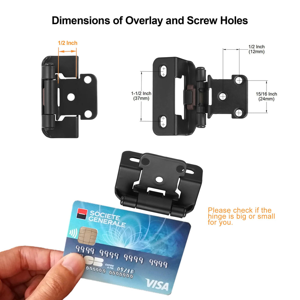 Matte Black Kitchen Cabinet Hinges, 1/2" Overlay, 4 Pack