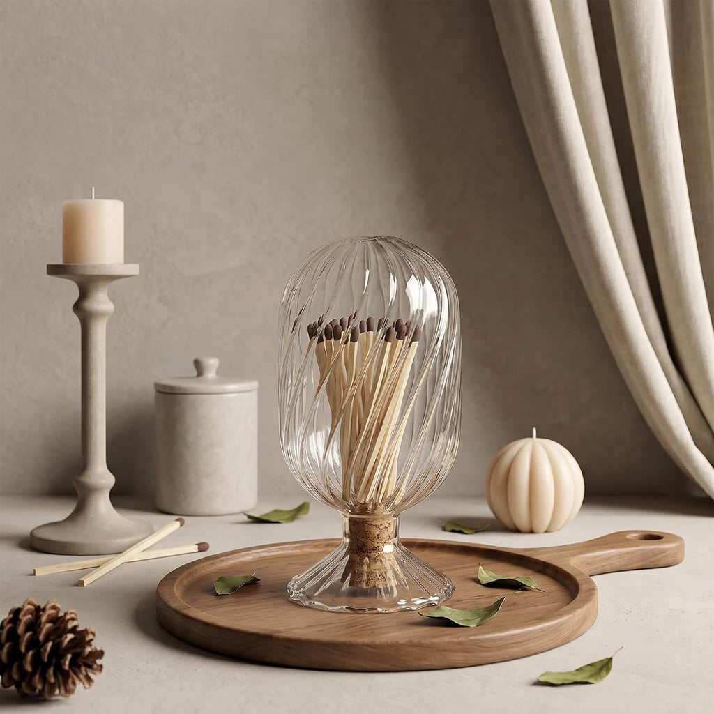 Helix Shaped Glass Matches Cloche Decorative Matches Jar for 4 Inch Candle-Matches Trendy Fireplace Display - Set of 2