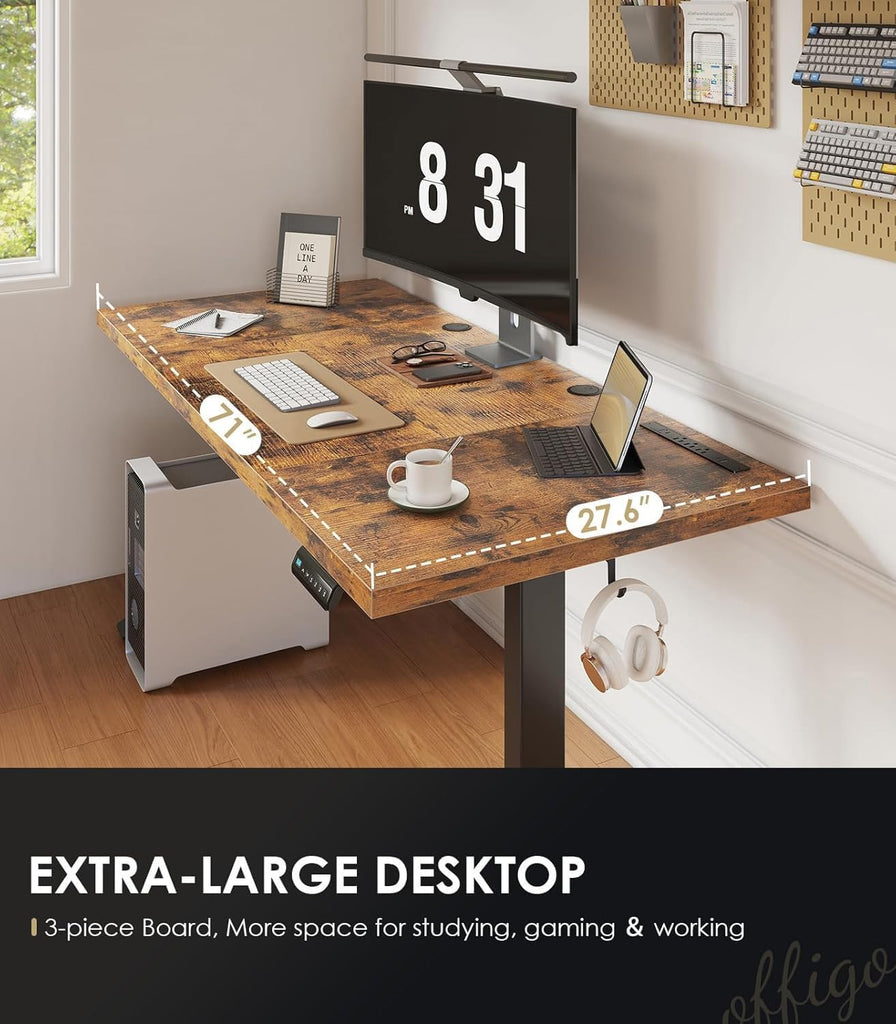 71" Executive Electric Standing Desk Height Adjustable, Rustic Brown | 1.38" Thick 3-Panel Desktop, Power Outlets, 3