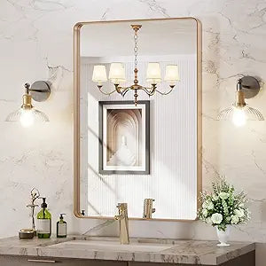 24”X36” Gold Bathroom Mirror, Rounded Rectangle Gold Frame Mirror, Brushed Gold Bathroom Vanity Mirror Wall-Mounted,