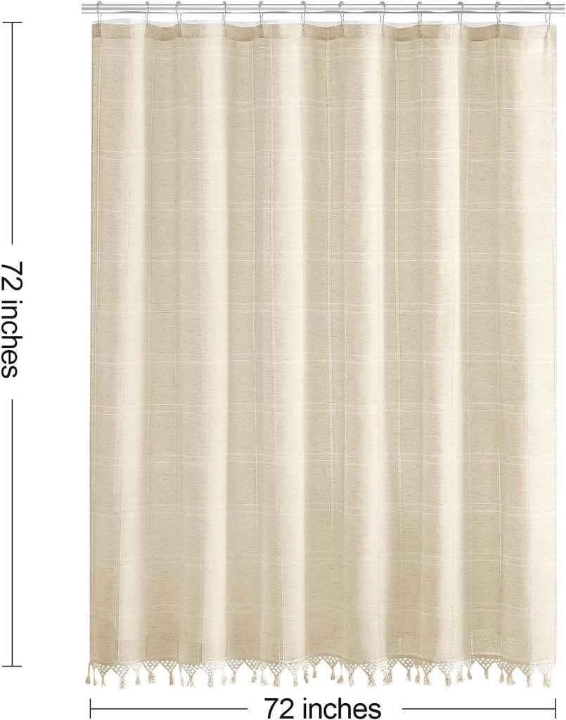 Linen Boho Farmhouse Shower Curtain Set with Tassel, Modern Bohemian French Country Chic Bathroom Shower Curtain Set