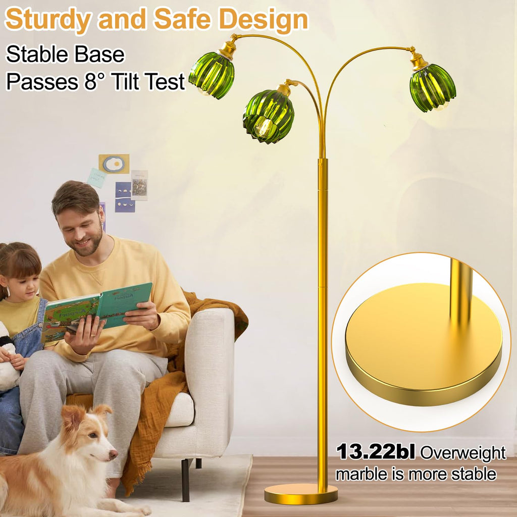 Arc Floor Lamps, Gold Dimmable Floor Lamp with Green Flower Glass Shades and 3 Brightness Lights, Adjustable Arm