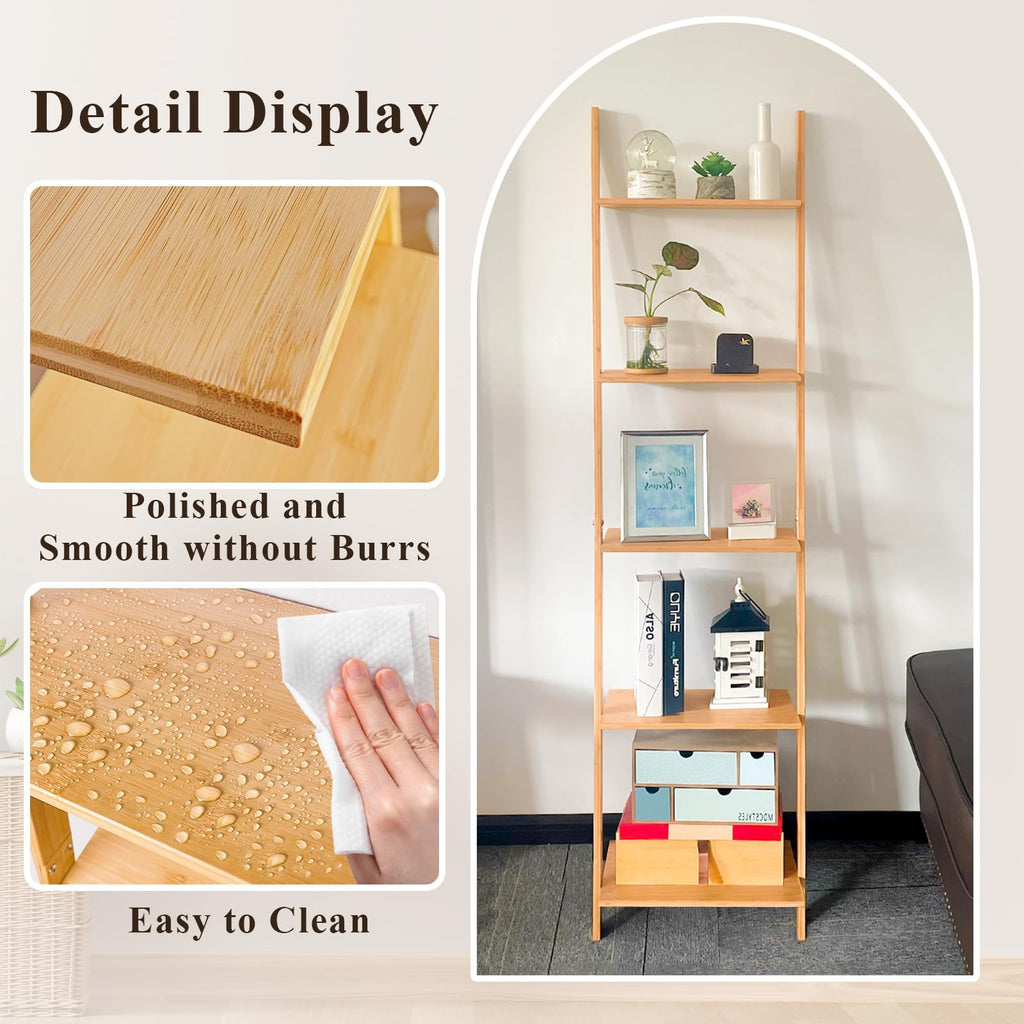 Wall Leaning Ladder Shelf Bookcase, 5-Tier Bamboo Storage Rack Shelvest, FreeStanding Plant Stand, Corner Display