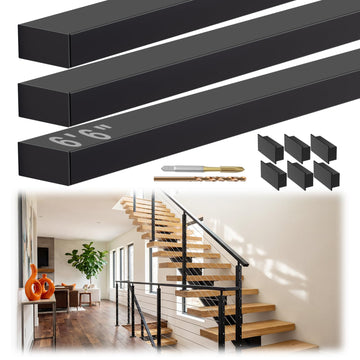 6'6" Stainless Steel T304 Handrail Black with Metal End Caps, 3 Pack Rectangular Cable Railing Handrail Flat Deck Top