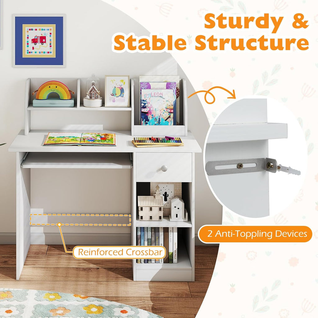 Kids Desk, Wooden Children Study Table with Hutch, Drawer, Storage Shelves & Keyboard Tray School Writing, Drawing or