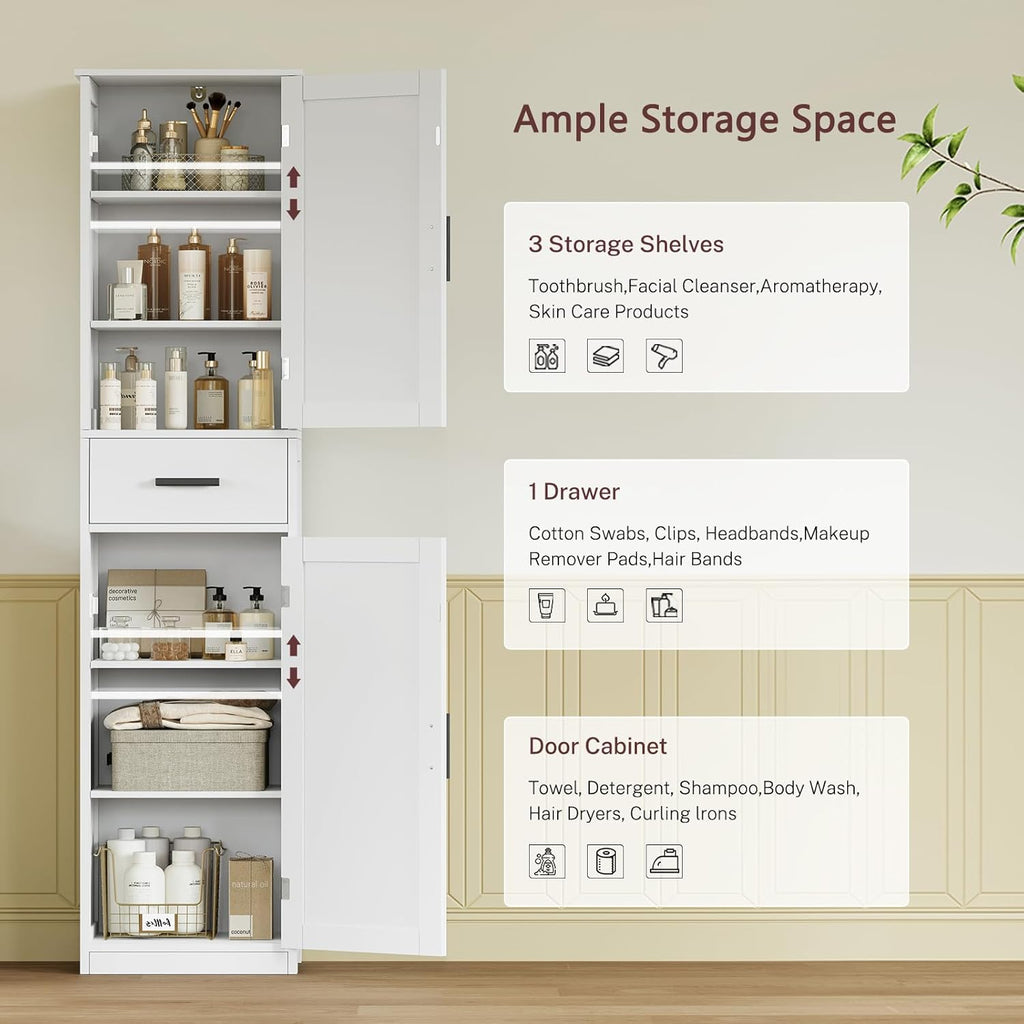 67'' Tall Bathroom Cabinet, Storage Cabinet with 4 Shelves & 2 Doors, Narrow Storage Cabinets , White