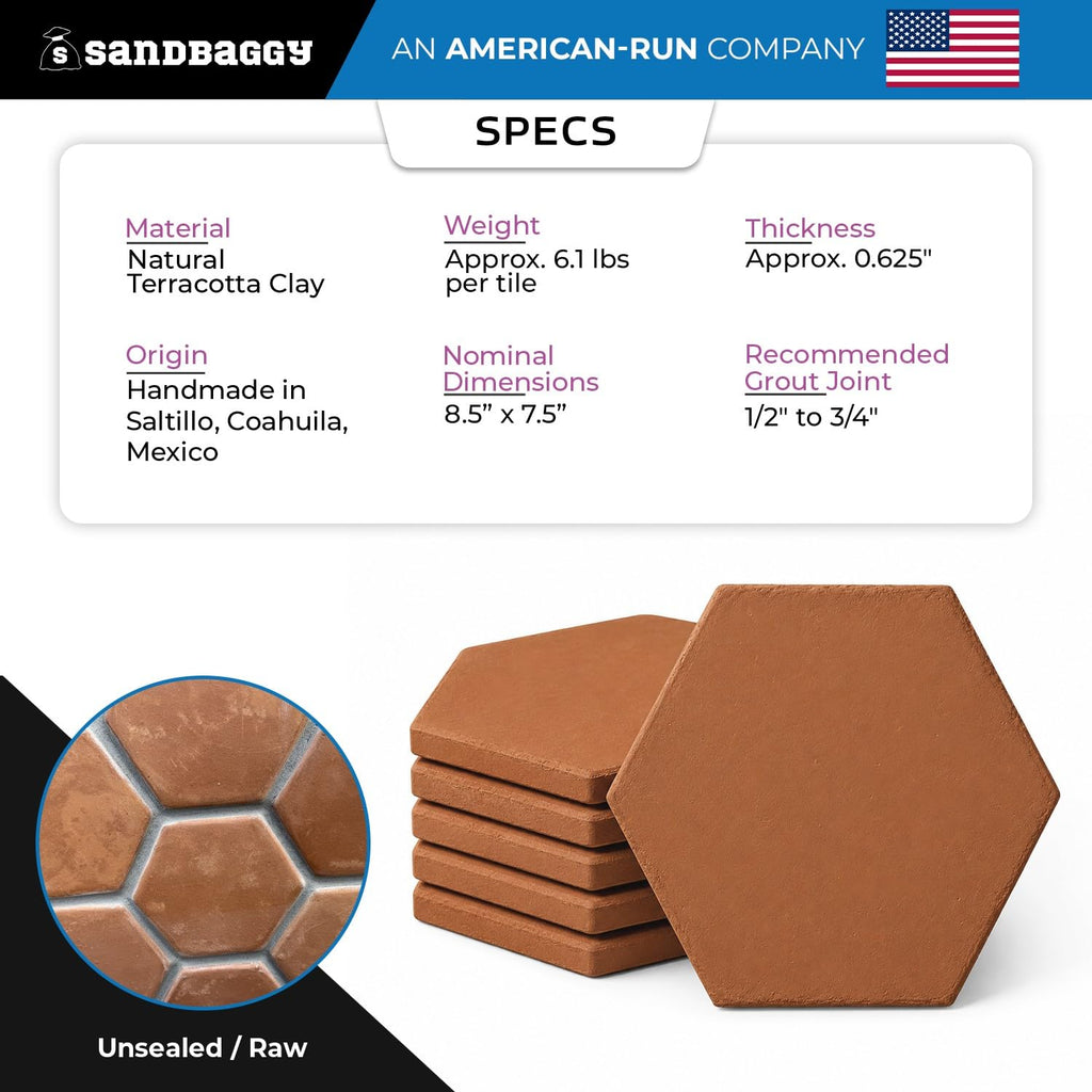 Lincoln Hexagon Saltillo Tile 8.5" x 7.5" | Unsealed Handmade Mexican Tile - (10, 8.5" x 7.5" Hexagon Saltillo)