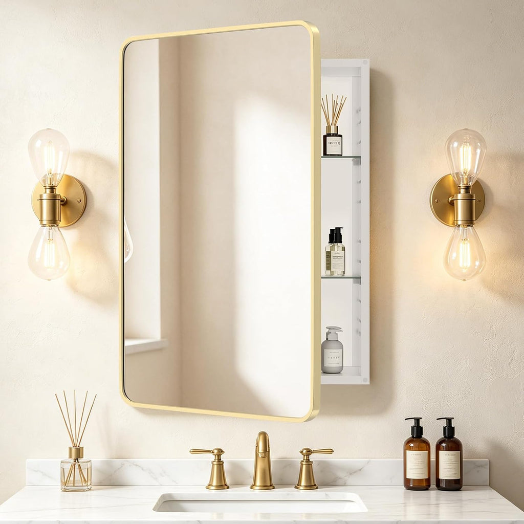 Bathroom Medicine Cabinet with Mirror, 24x36 Inch Gold Recessed Medicine Cabinet with Round Corner Aluminum Alloy
