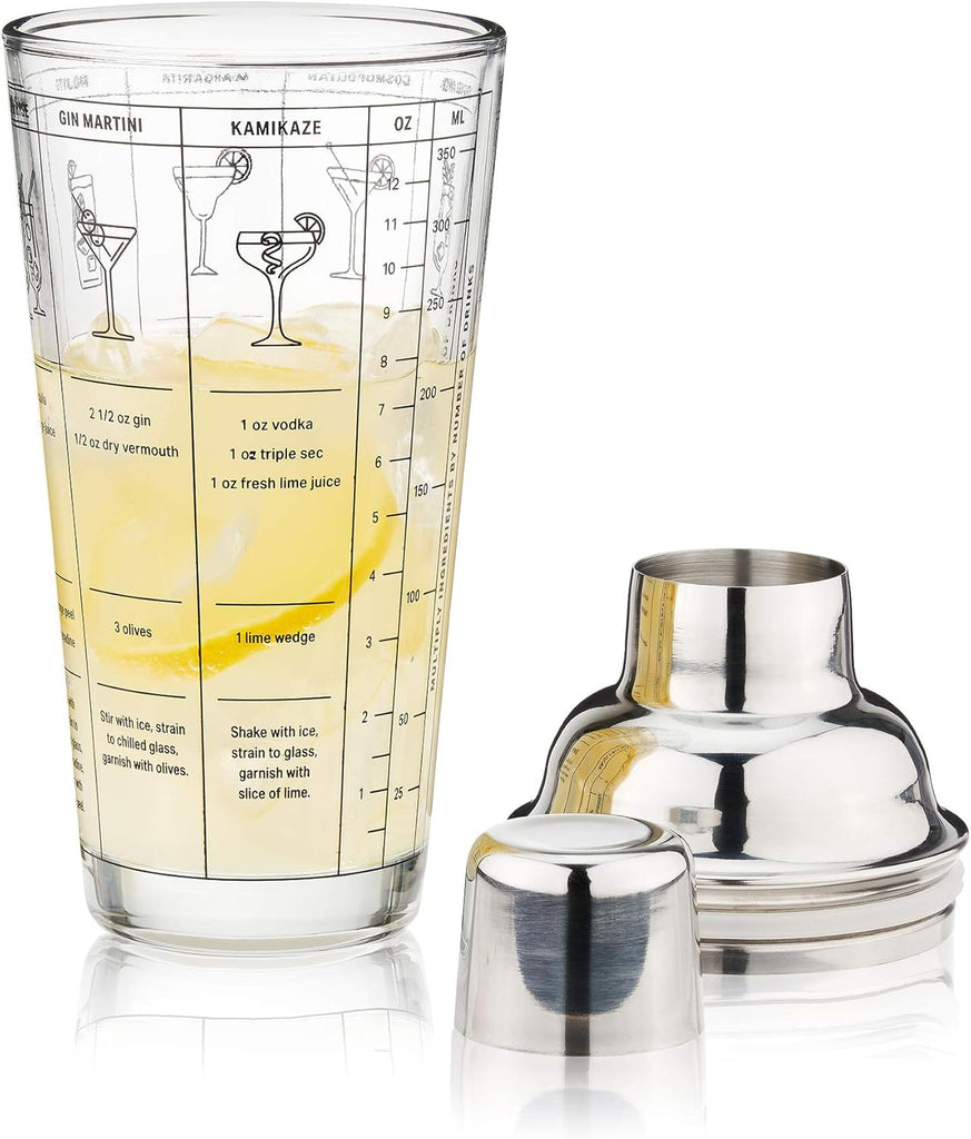 Glass Cocktail Shaker with 7 Classic Recipes and Measurements for Cold Brew Cocktails, Home Bar Accessories, Bar