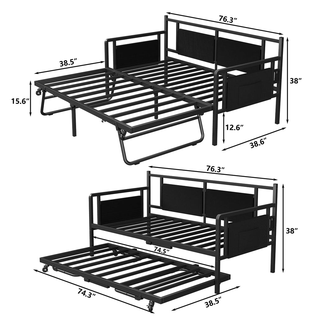 Daybed with Charging Station and LED Lights, Twin Daybed with Trundle, Metal Bed Frame with Steel Slat Support