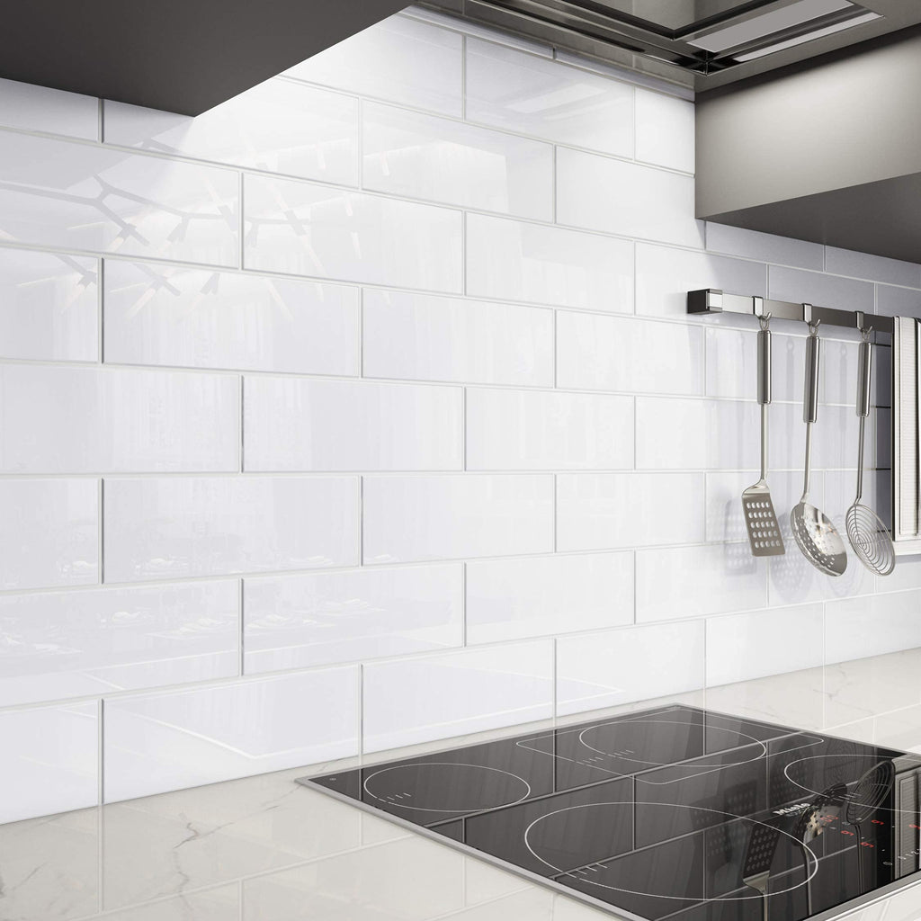 Glass Subway Backsplash Tile, 4x12, Bright White