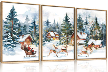 Christmas Santa Sleigh Deer Framed Canvas Wall Art Set -24"x36"x3