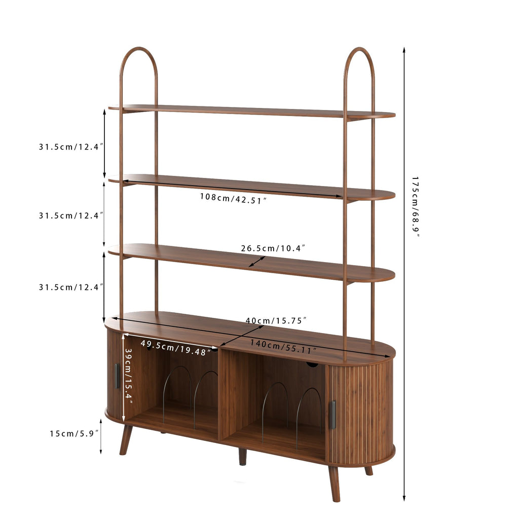 Tall Large Vinyl Record Player Stand, Fluted Long Record Storage Cabinet with Sliding Doors, Mid Century Modern