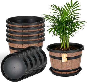 Whiskey Barrel Planters 12 Inch, 5 Pack Plastic Pots with Wood Design