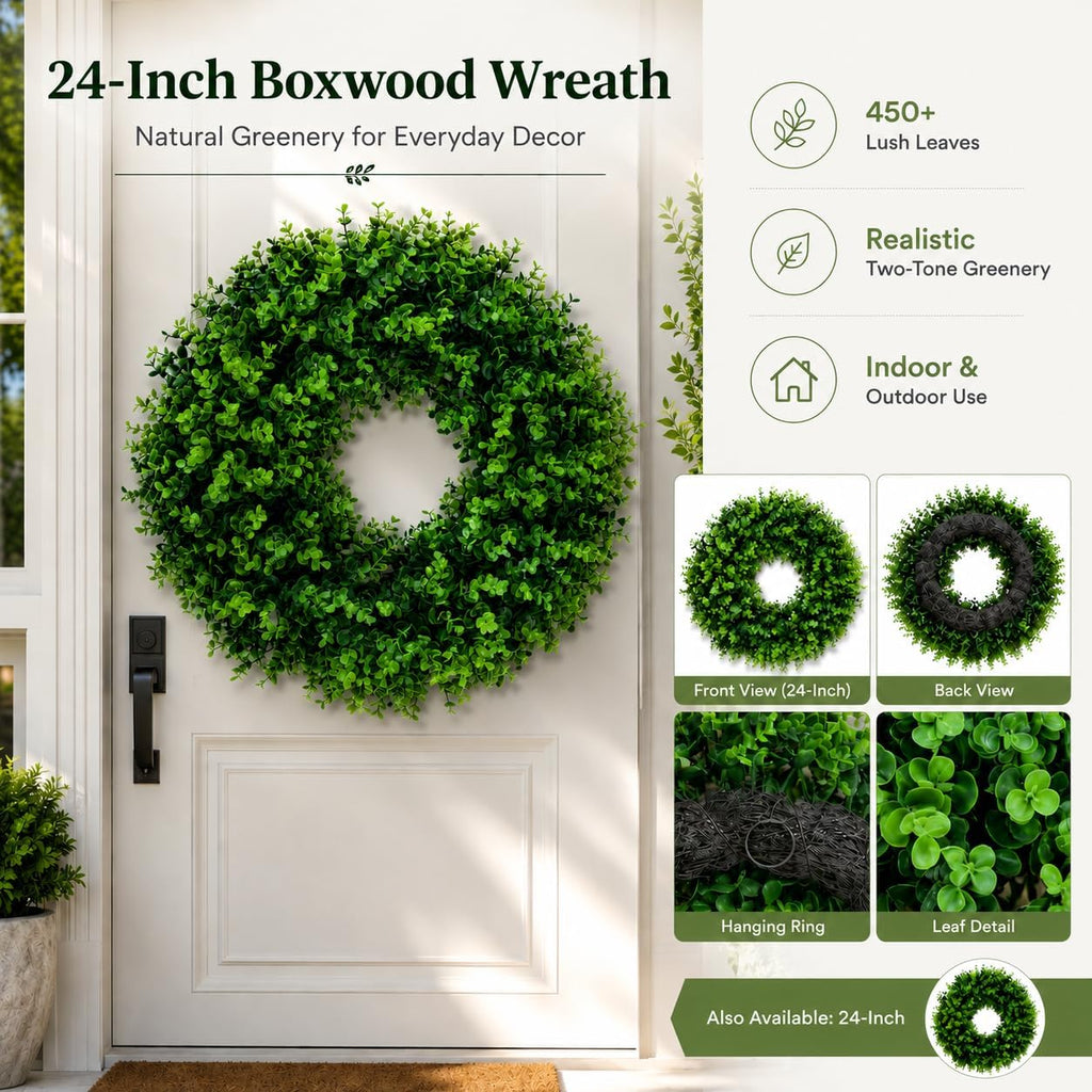 24 Inch Boxwood Wreath for Front Door, Artificial Greenery Wreath, Large Faux Boxwood Door Wreath, Waterproof UV
