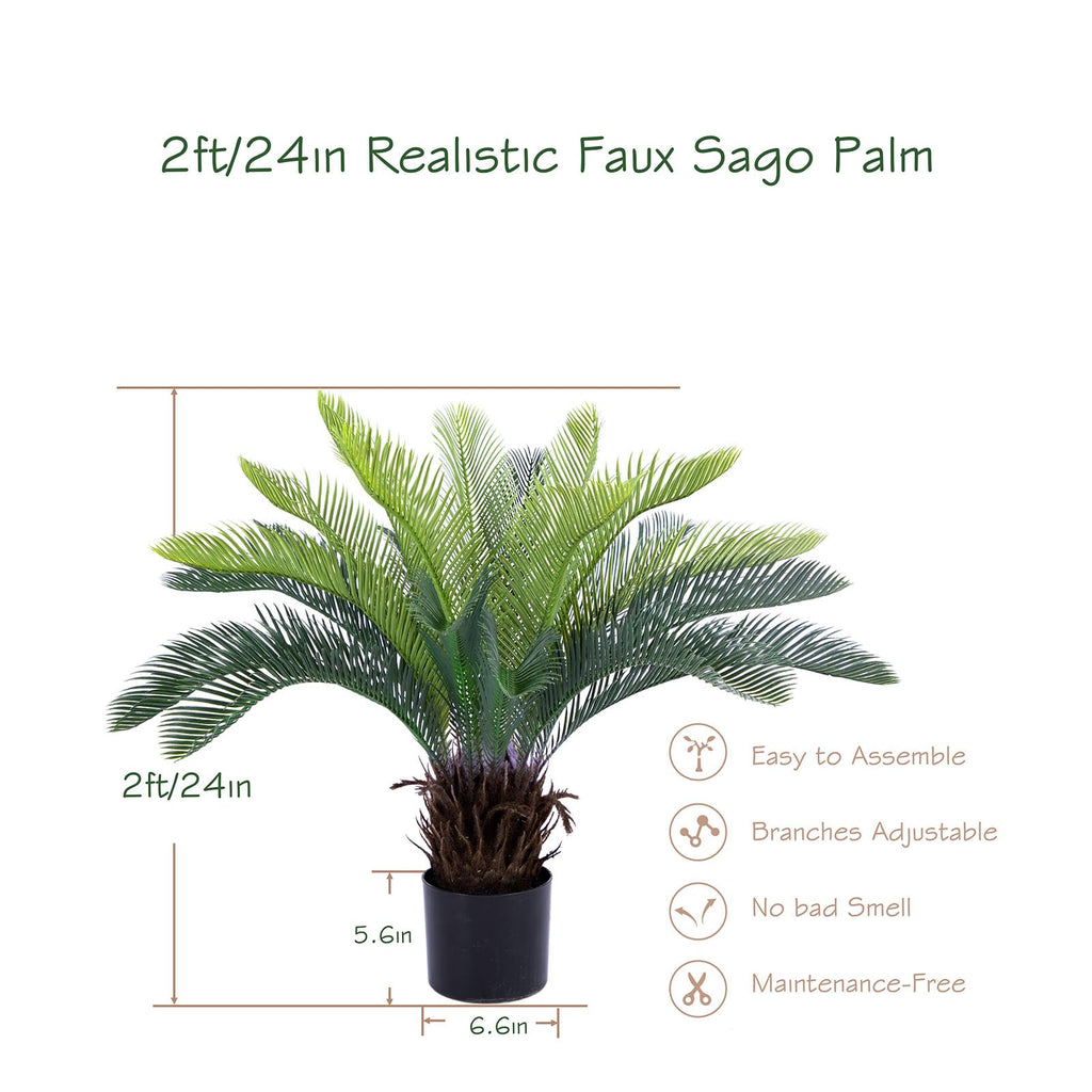2ft Artificial Cycad Tree UV Resistant with Lifelike Bark & Realistic Leaves, 24in Super Full Faux Sago Palm Tree