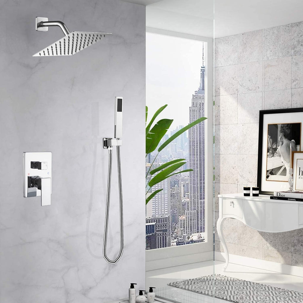 Shower System Polished Chrome Bathroom Rainfall Shower Faucet Set Complete Wall Mounted 8 Inch Shower Head and Handle