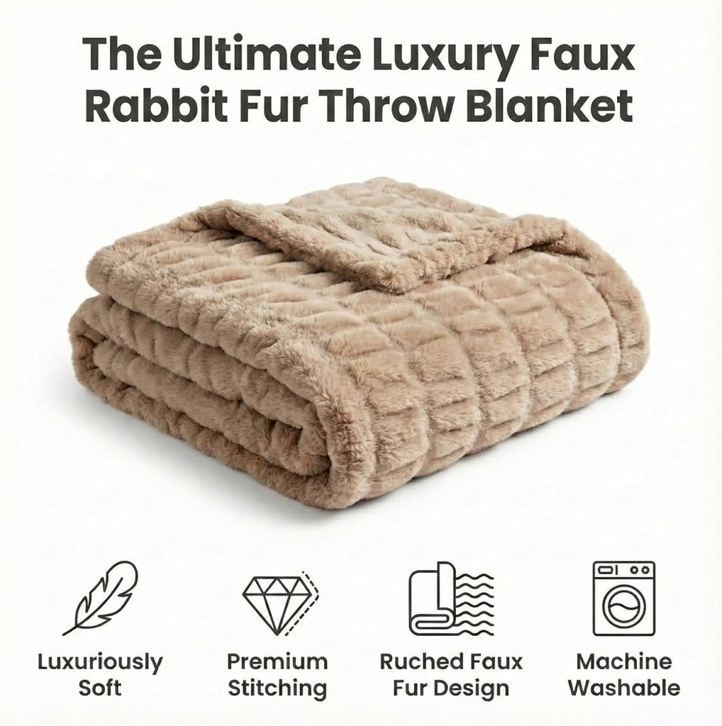 Faux Rabbit Fur Throw Blanket - 50" x 60", Elegant Ruched Design Blanket, Machine Washable and Wrinkle Resistant