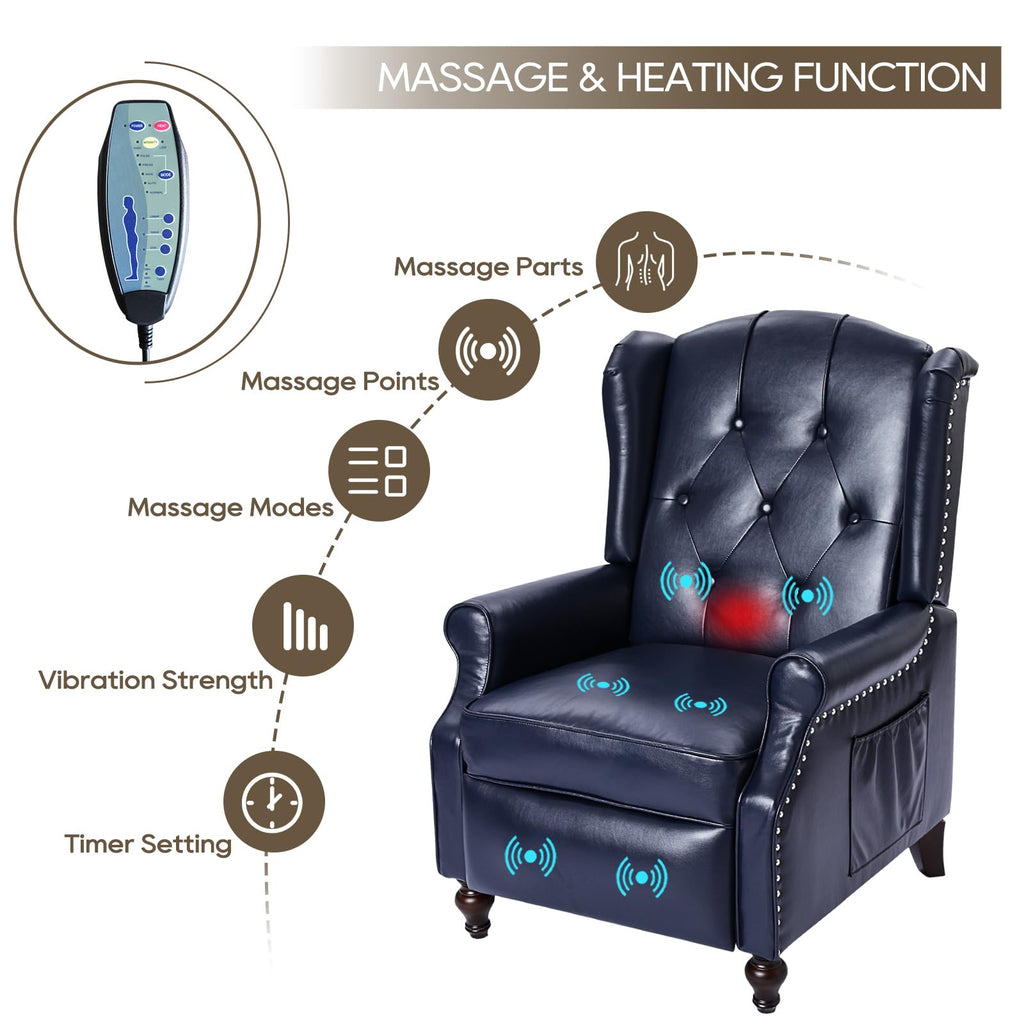 Wingback Recliner Chair, Push Back Arm Chair (1, Navy Blue)