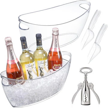 Ice Bucket for Parties, Clear Acrylic Drink Buckets with Scoop & Metal Wine Bottle Opener, 5.5L Large Champagne - Set of 2