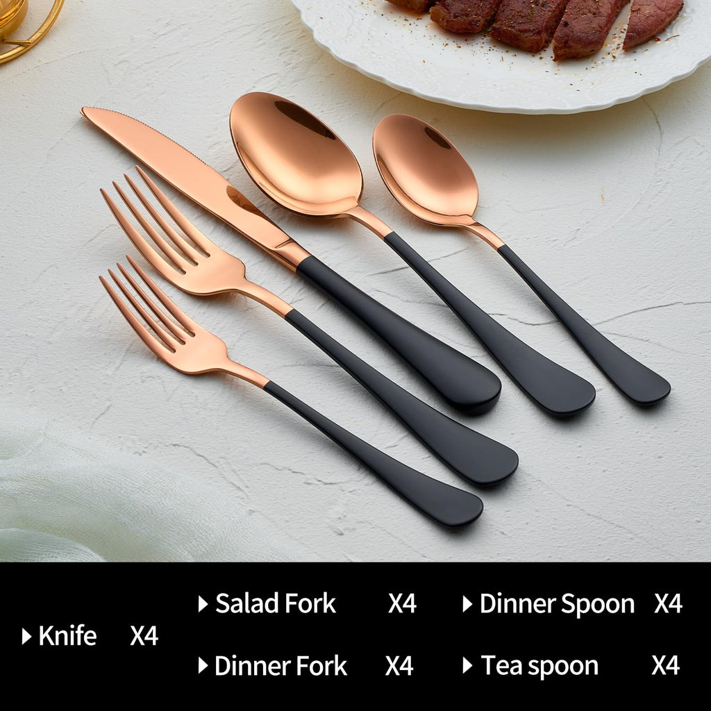 Rose Gold and Black Silverware Sets for 4,Black Handle Stainless Steel Cutlery Set, Include Forks Spoons