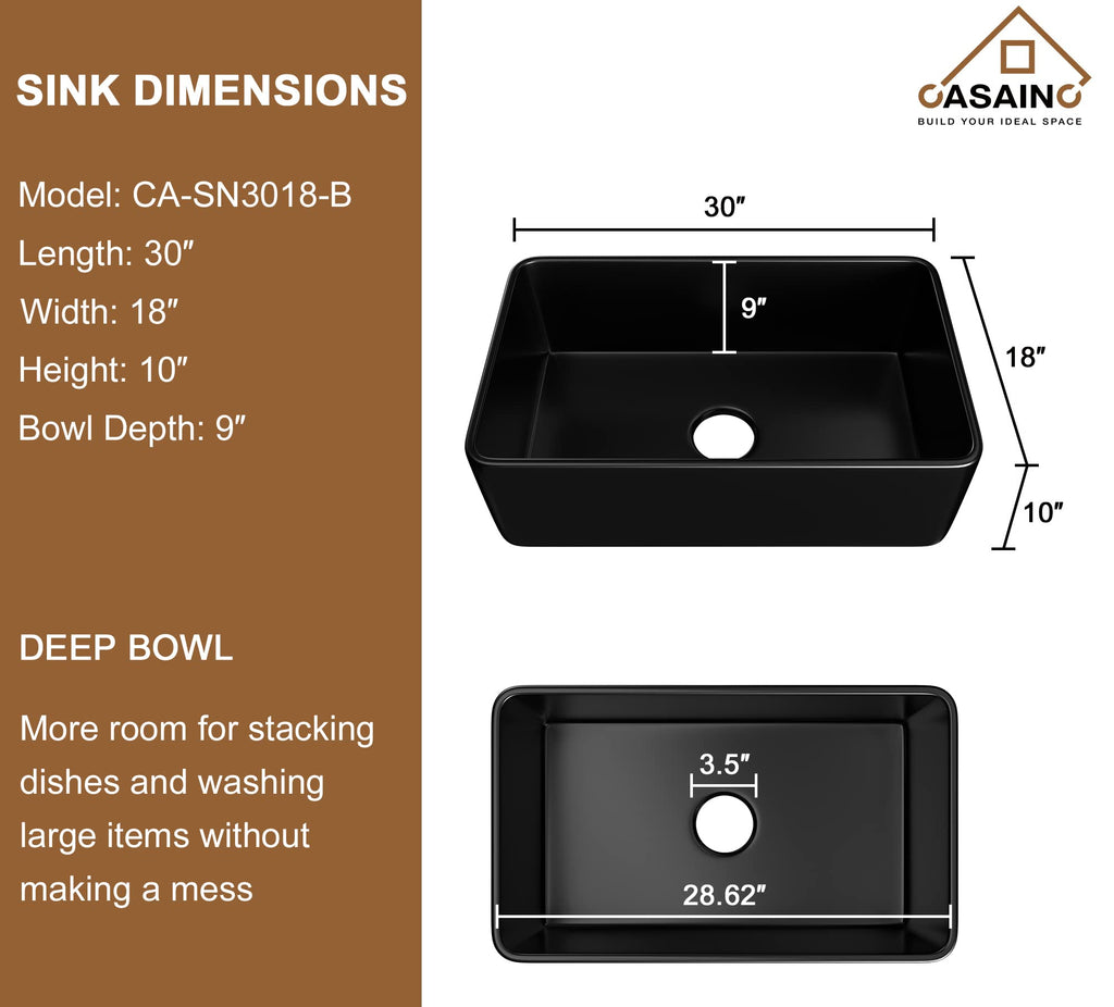 30-inch Kitchen Sink Black, Farmhouse Sink Fireclay Apron -Front Farmhouse Deep Single Bowl, Farmhouse Sink with
