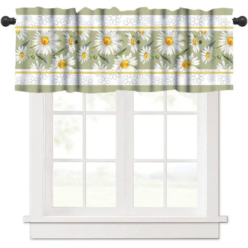 Daisy Flower Window Valance, Summer Watercolor Plants Floral Spring Garden Print Blackout Short Curtain Treatment for