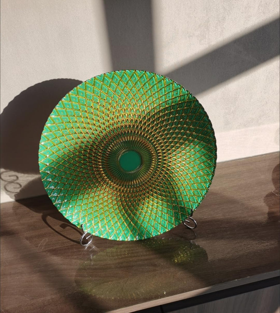 13-Inch Bohemian Art Glass Fruit Bowl - Decorative Serving Plate with Gold Geometric Pattern, Turquoise Centerpiece