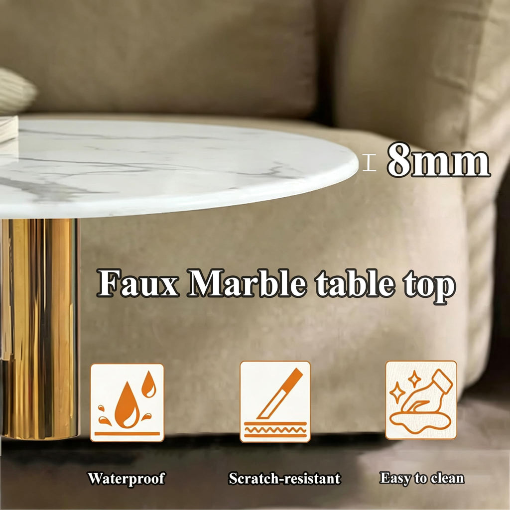White Gold Round Side Table, 19.7" Faux Marble Sofa End Table, Modern Nightstand, Small Accent Table with Stainless