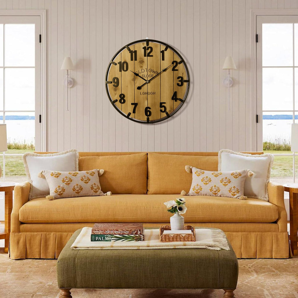 Farmhouse 24 Inch Wood Arabic Large Wall Clock with Metal Circle