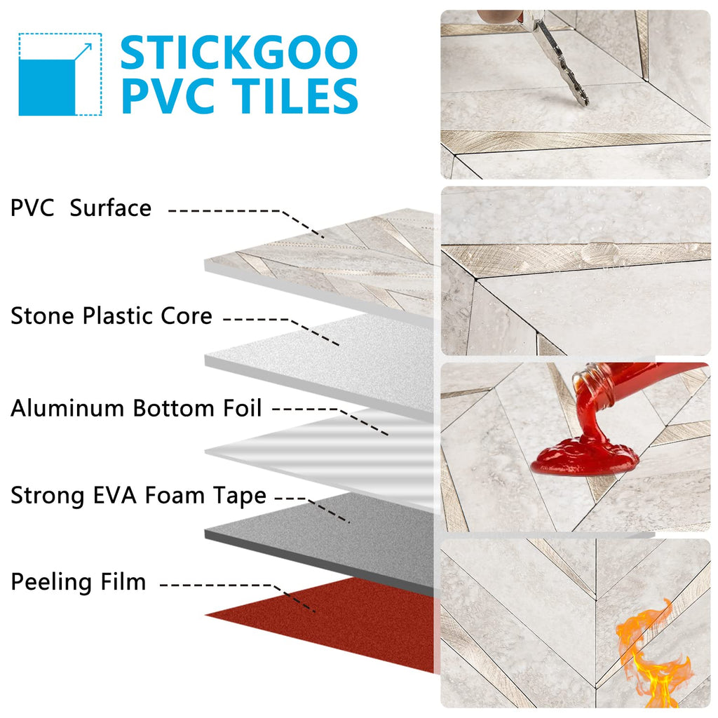 10-Sheet Herringbone Tile Peel and Stick Backsplash, Beige Mixed Metal Gold PVC Stick on Backsplash, Self Adhesive