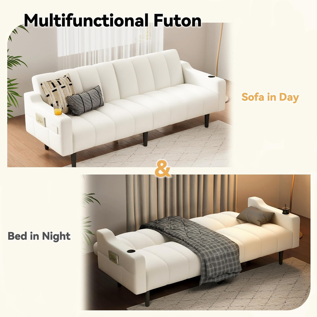 80'' Leather Couch, Futon Sofa Bed, Faux Leather Couch with Adjustable Backrest, 2 Cup Holders & Side Pockets, Mid