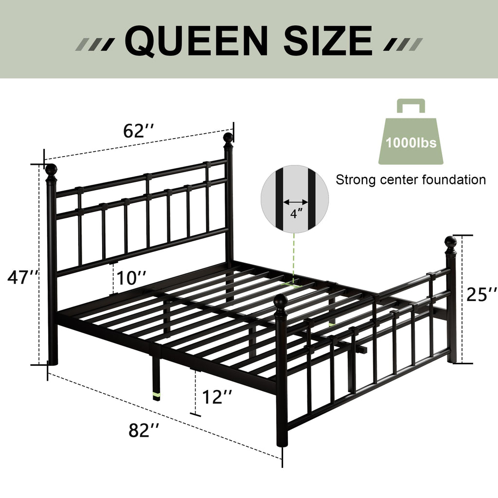 Metal Platform Bed Frame with Victorian Classic Iron-Art Headboard & Footboard, Steel Slats Support, 12" Under