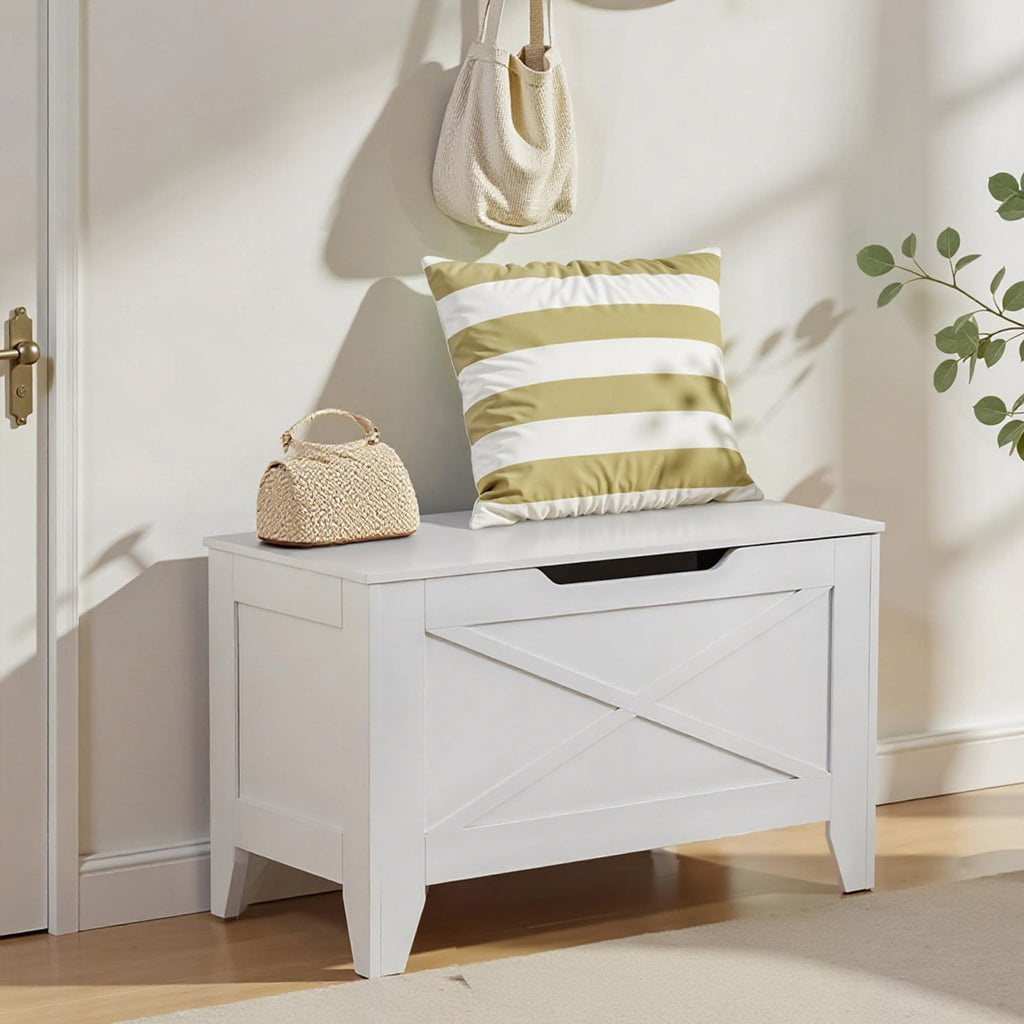 30" Storage Bench, Farmhouse Entryway Shoe Ottoman, White