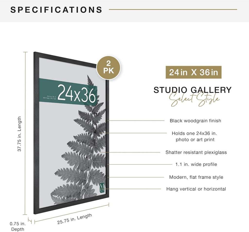 Studio Gallery Movie Poster Frame, 24x36, Black Woodgrain, 2-Pack | Studio Gallery Movie Poster Frame For Photos &