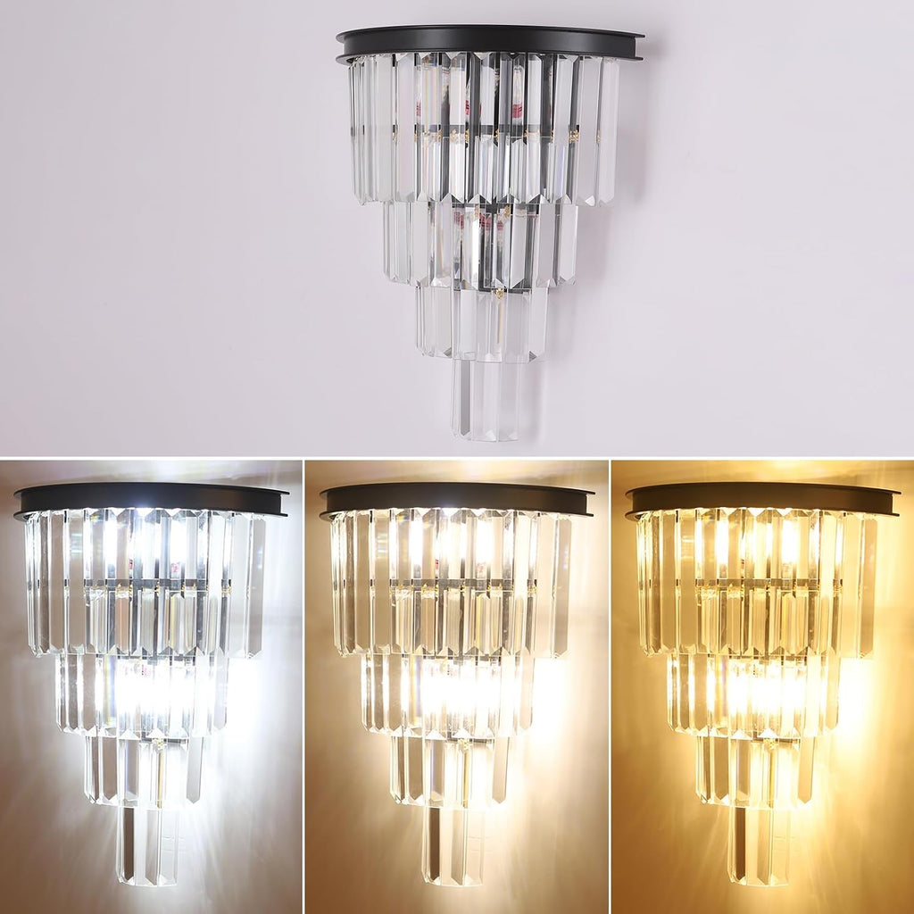 Black Crystal Wall Sconce, Modern 4-Tiers K9 Clear Crystal Wall Light Bedside Wall Mount Lamp for Living Room Bedroom