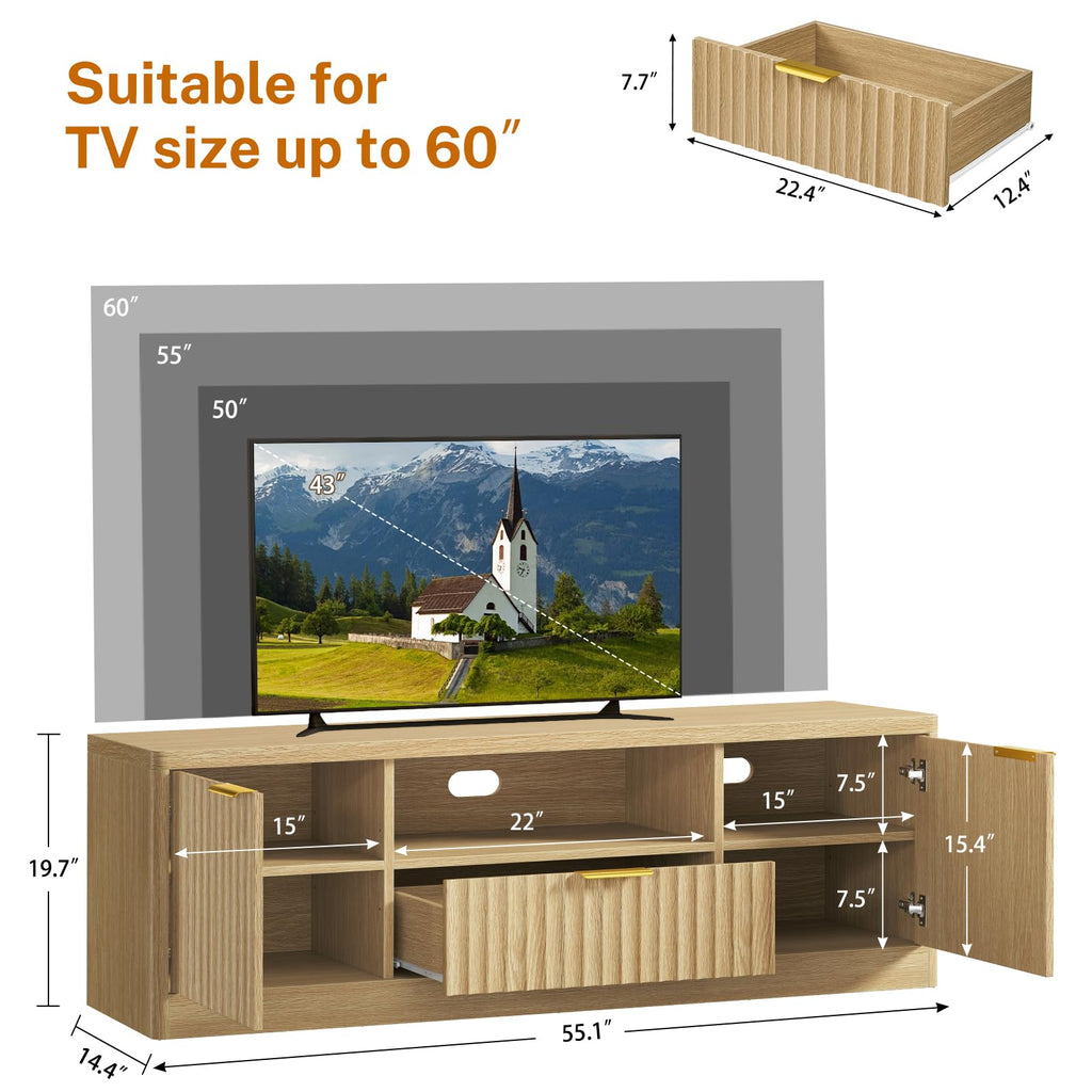 55" TV Stand for TVs Up to 65", Modern Fluted Entertainment Center with Drawer and Open Shelf, Media Console Table