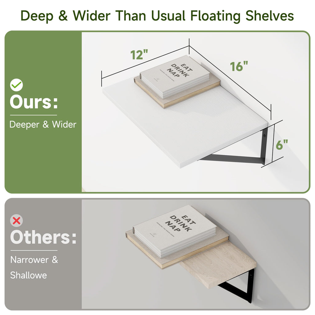 16W x 12D Deep Floating Shelves Set of 4 White