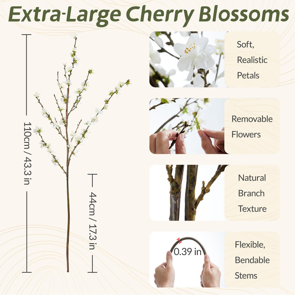 43" Cherry Blossom Branches, 4 Pcs Realistic Silk Artificial Flowers for Indoor Decor, Faux White Cherry Blossom