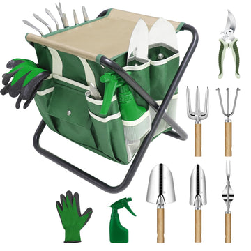 Garden Tool Set, 10 Piece Kit with Heavy Duty Folding Stool, Detachable Storage Tote Bag, Stainless Steel Tools