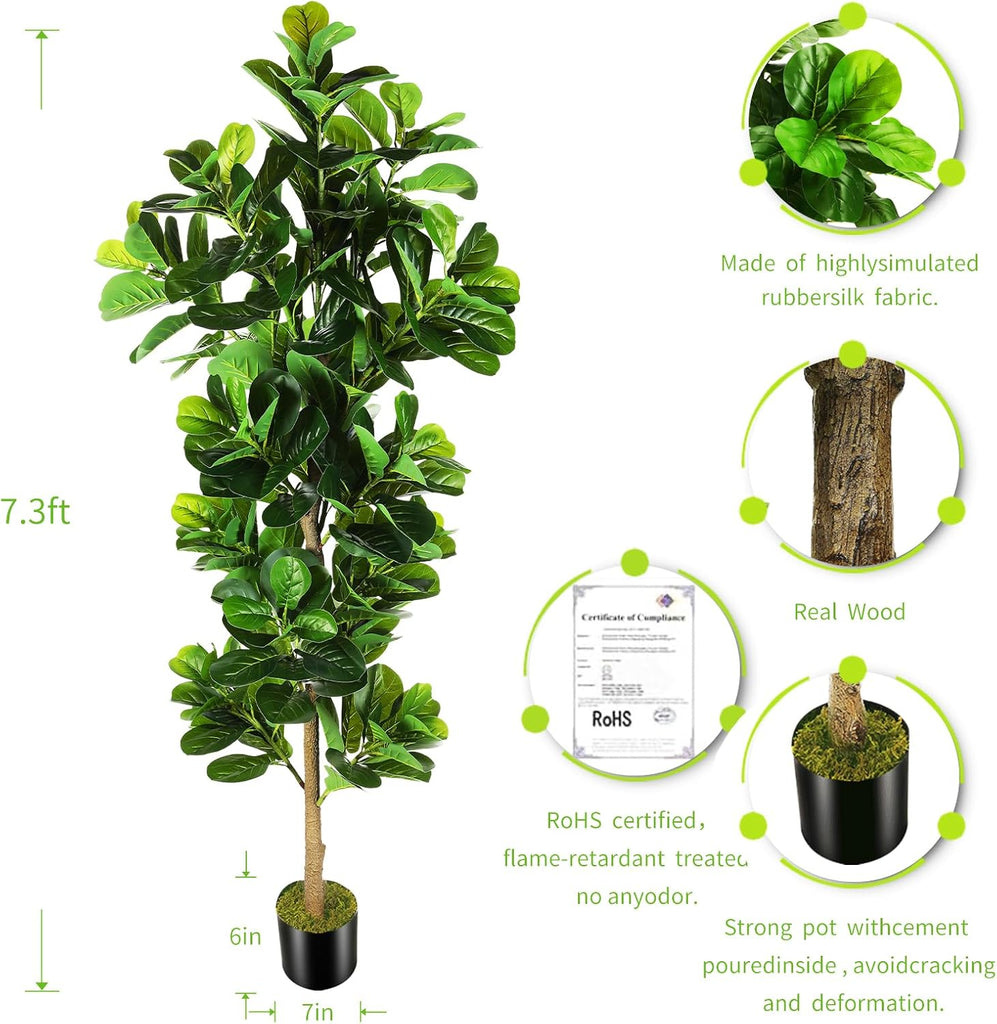 7.3ft Artificial Fiddle Leaf Fig Tree (87in) with Plastic Nursery Pot Faux Tree, Ficus Lyrata Fake Plant House