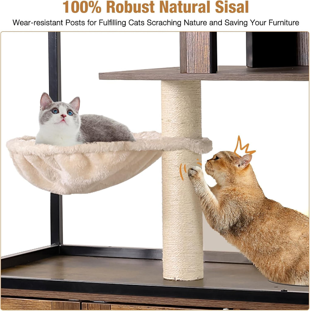 Cat Litter Box Furniture Enclosure 4 Levels Cat Tree Hidden Cabinet with Storage and Scratch, 4 Tiers