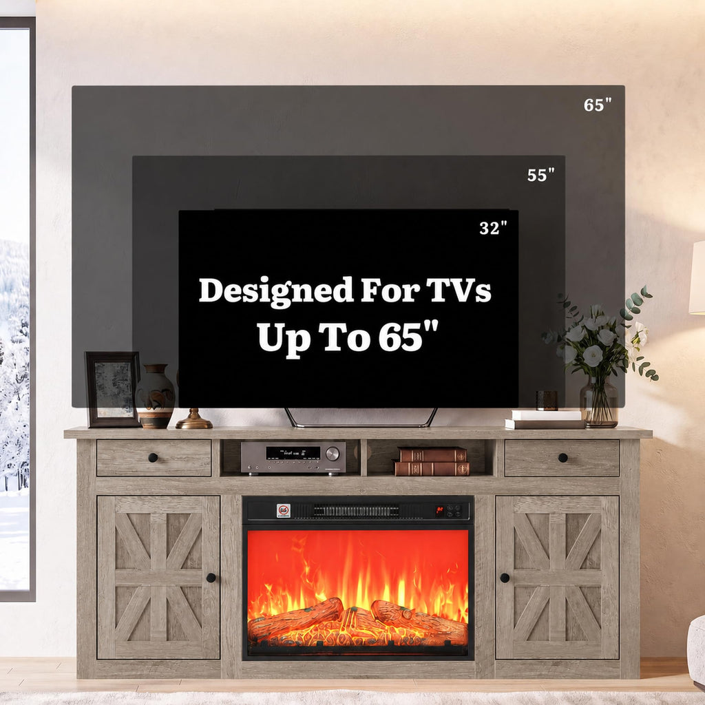 59" TV Stand with Electric Fireplace, Power Strips, Grey Oak
