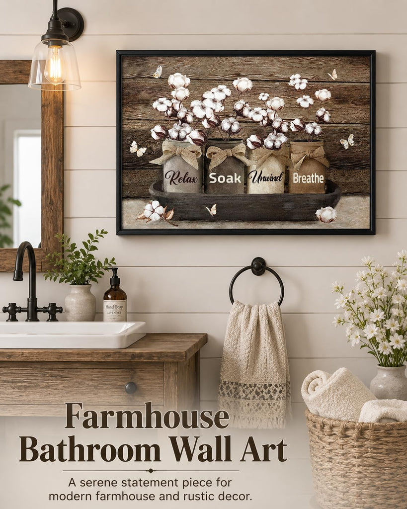 Framed Farmhouse Bathroom Wall Art Rustic Cotton Flower Bathroom Pictures Wall Decor Vintage Relax Soak Unwind