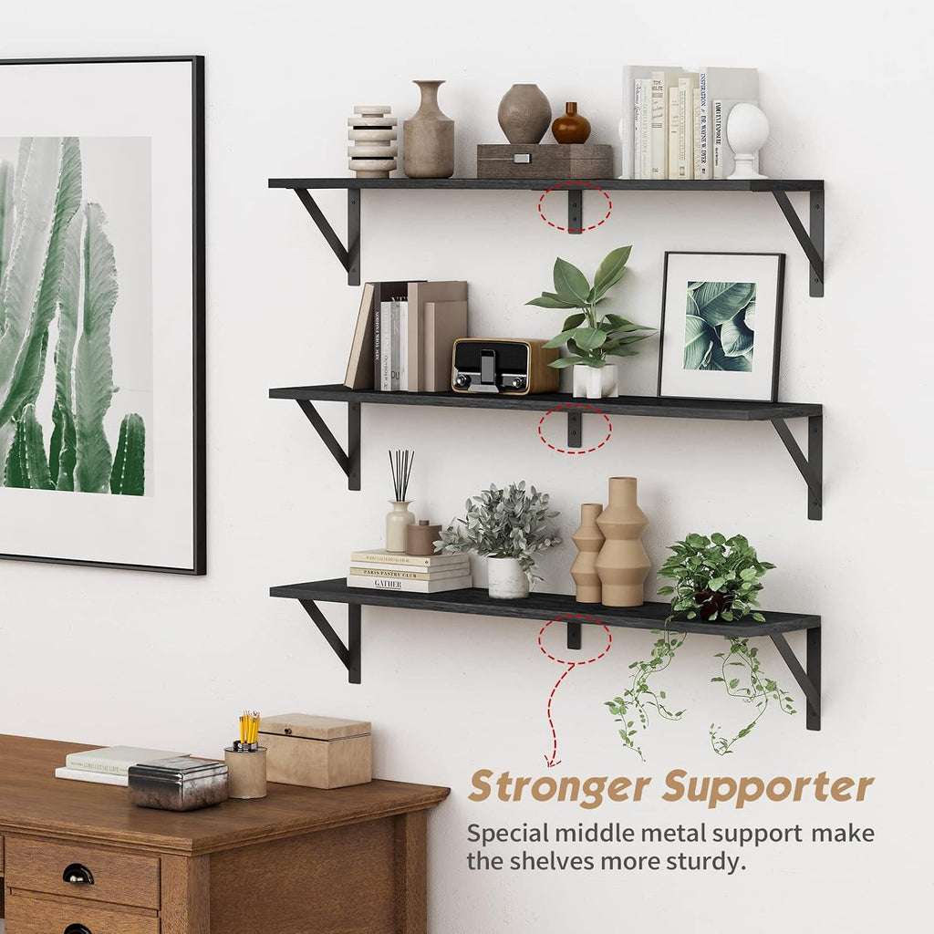 Floating Shelves 36 Inches Long 8 in Deep Set of 3, Large Wall Shelf Books, Heavy Duty Wide Wall Shelving Office