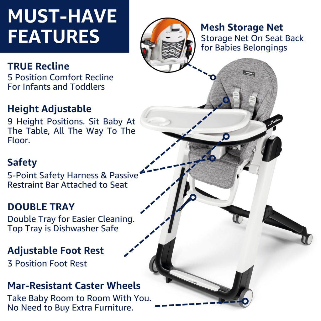 PEG Siesta, Grow With Baby Folding High Chair & Recliner, Licorice | Height Adjustable, Quick Clean & Easy Push