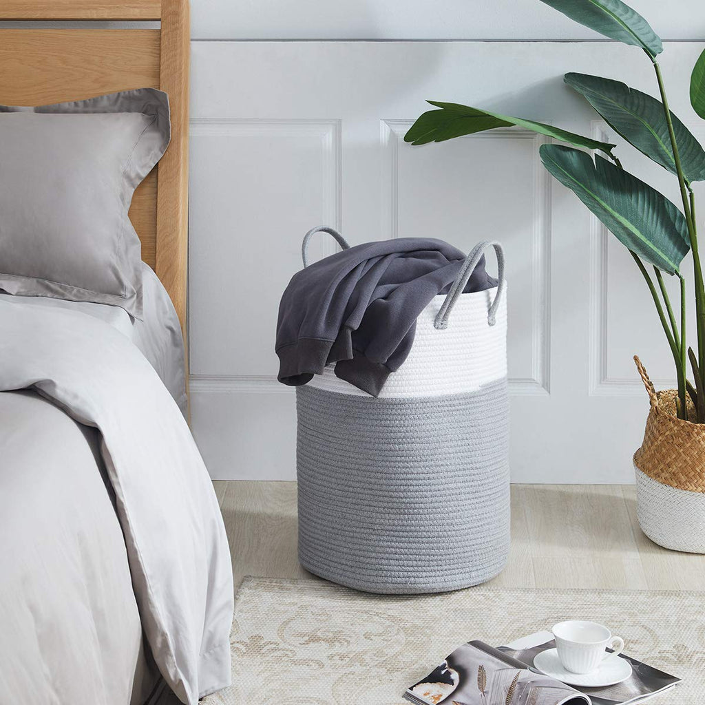 Cotton Laundry Hamper, 58L Tall Storage Basket-Grey