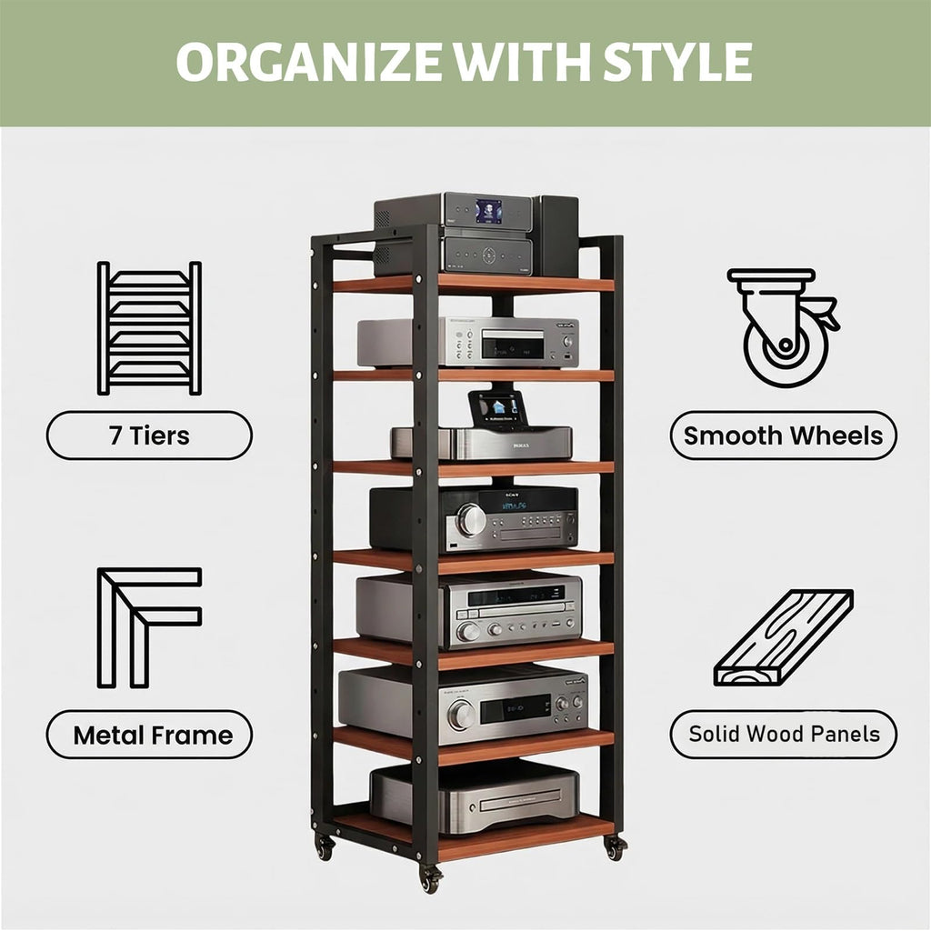 7 Tier Av Media Stand with Wheels, 55in Adjustable Audio Rack