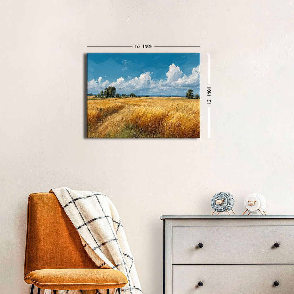 Rural Country Canvas Wall Art Golden Wheat Field Landscape Painting Rustic Farmhouse Wall Decor Countryside Scenery